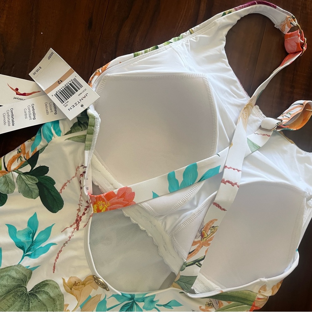 New Jantzen woman One-Piece Swimsuit in White with Tropical Floral Print size 12 - Picture 12 of 15